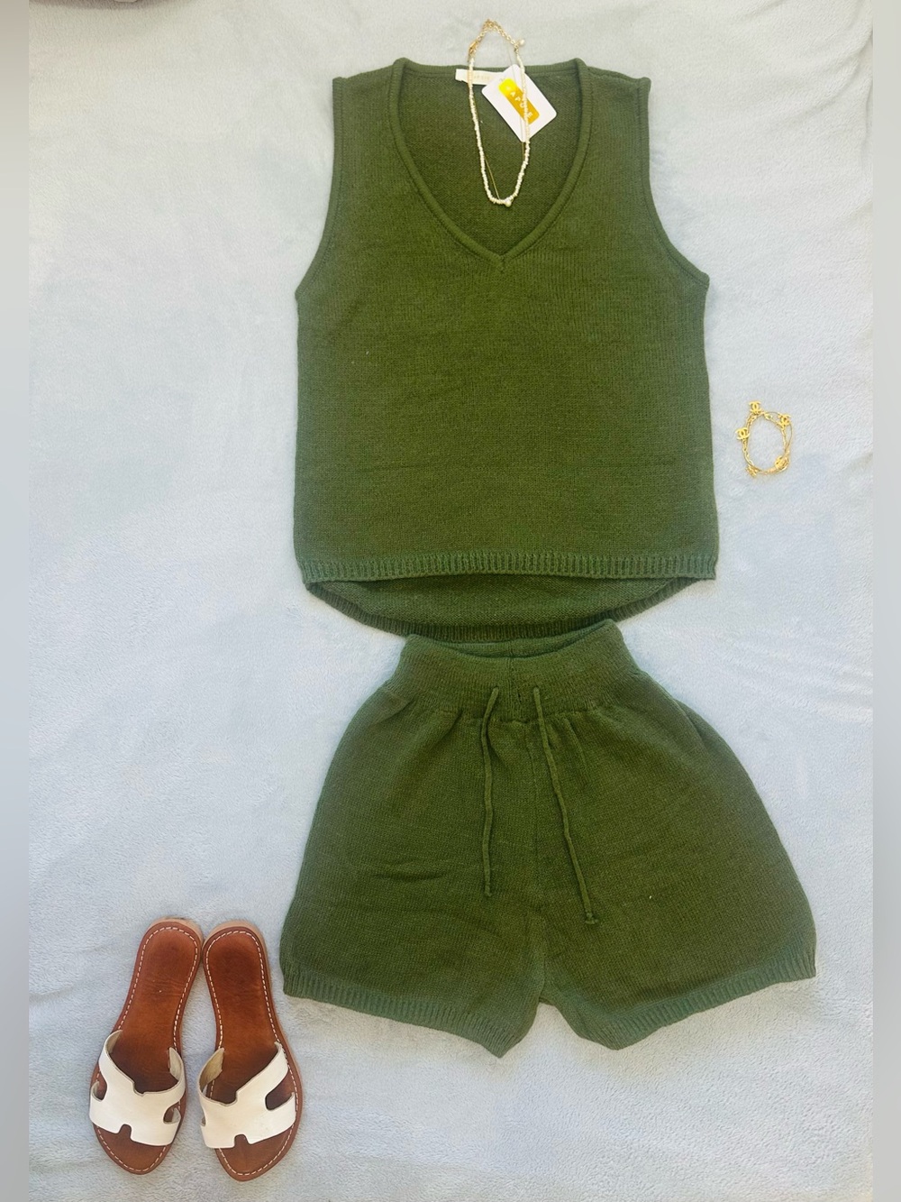 Olive Knit Drawstring Shorts & V-Neck Tank Set